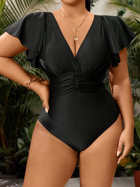 Maiô Preto Plus Size com Manga Borboleta