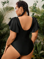 Maiô Preto Plus Size com Manga Borboleta