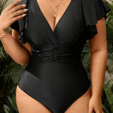 Maiô Preto Plus Size com Manga Borboleta