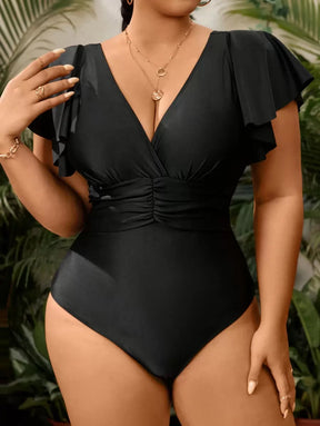 Maiô Preto Plus Size com Manga Borboleta