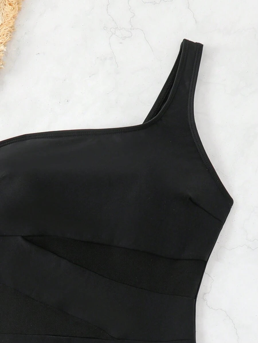 Maiô Ombro Único com Recortes em Tule