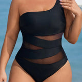 Maiô Plus Size One Shoulder Mesh